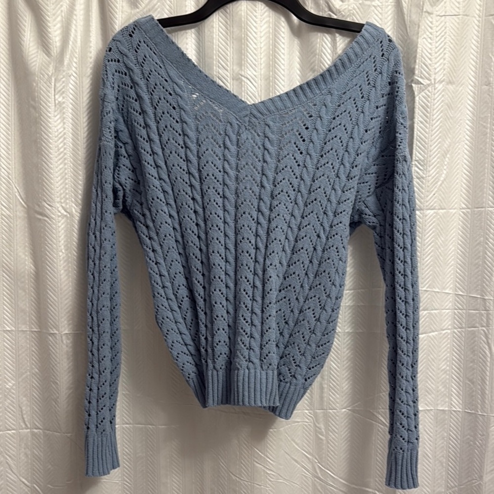 Jessica Simpson Dusty Blue Twist Back V-Neck Sweater